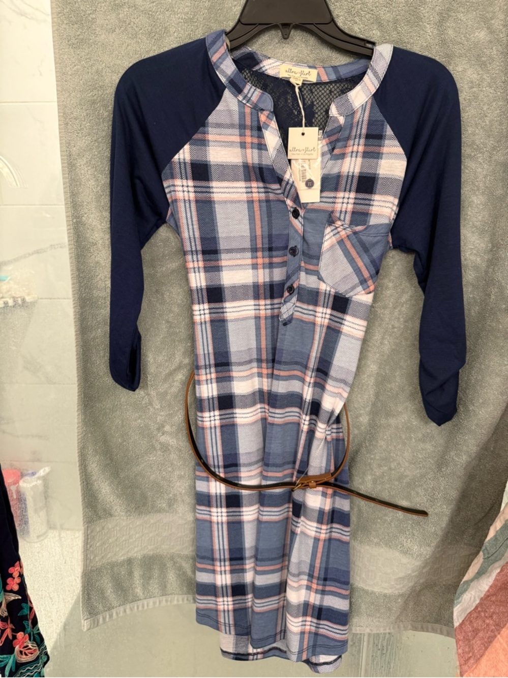 Ultra Flirt Navy and Light Blue Plaid Lace-Back Long Sleeve Dress